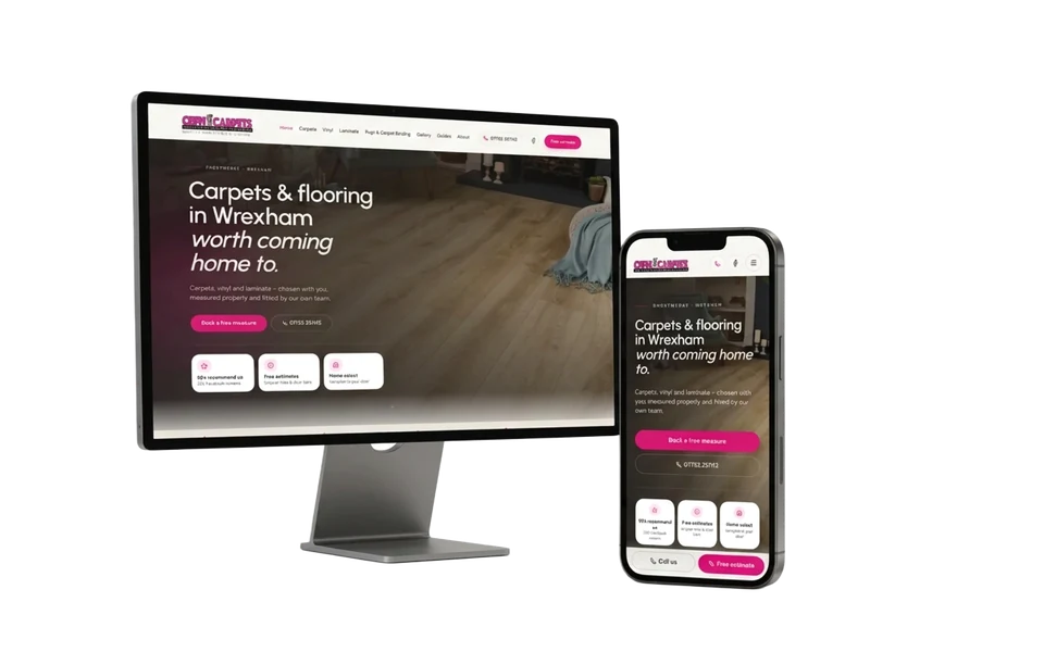 Cefn Carpets website shown in a realistic setting
