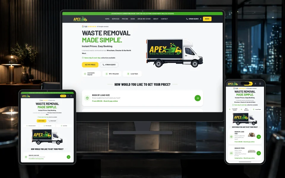 Apex Waste Removals website shown in a realistic setting