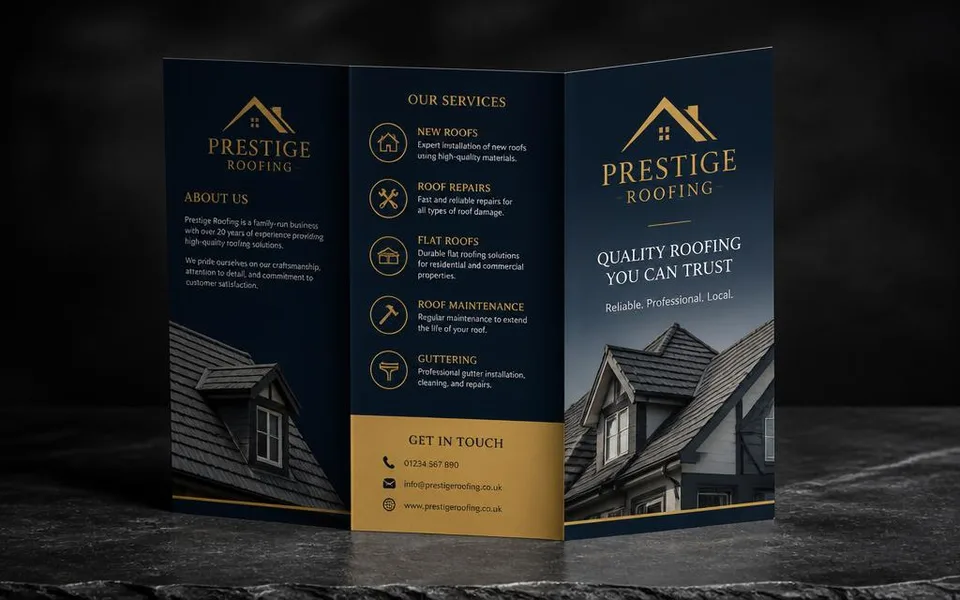 Tri-fold roofing company leaflet standing partly open