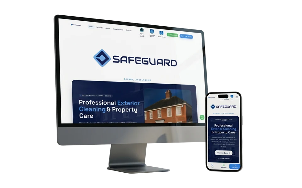 Safeguard Exterior Cleaning website shown in a realistic setting