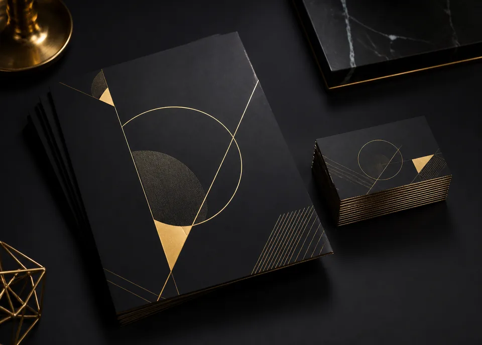 A stack of printed A5 flyers next to matching printed business cards in one coordinated brand design