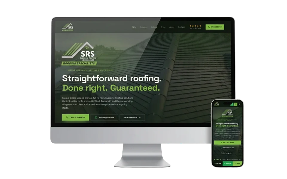 Supreme Roofing Solutions Ltd website shown in a realistic setting