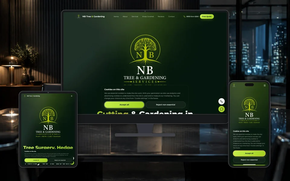 NB Tree & Gardens website shown in a realistic setting