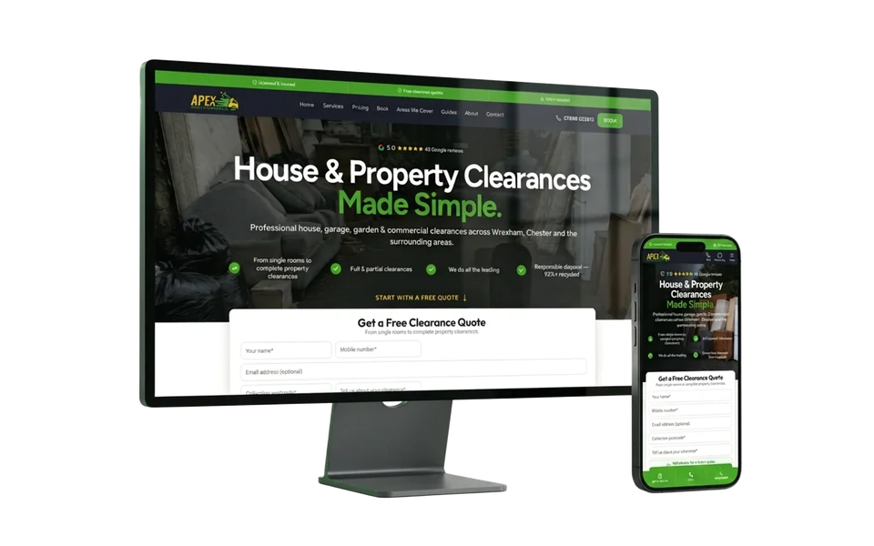 Apex Waste Removals website shown in a realistic setting