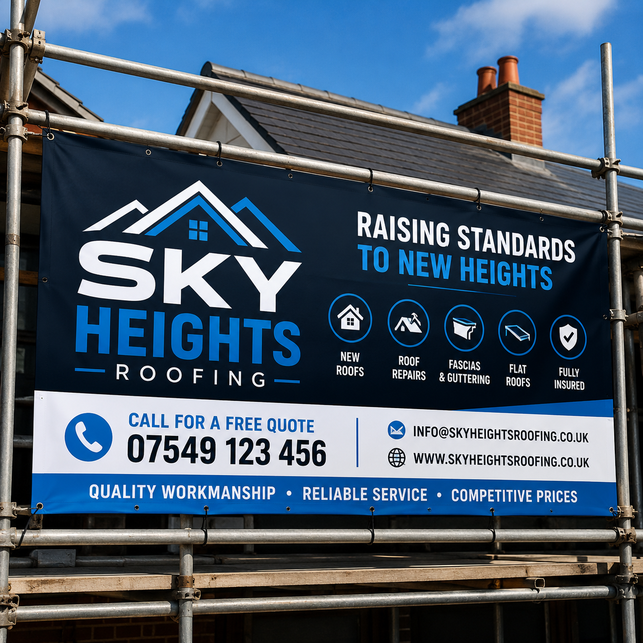 Printed scaffold wrap on a roofing contractor's building site