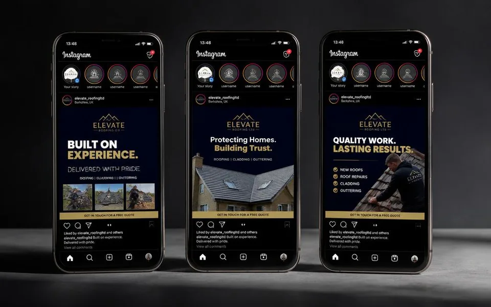 Social media post designs for a roofing business shown on three phones