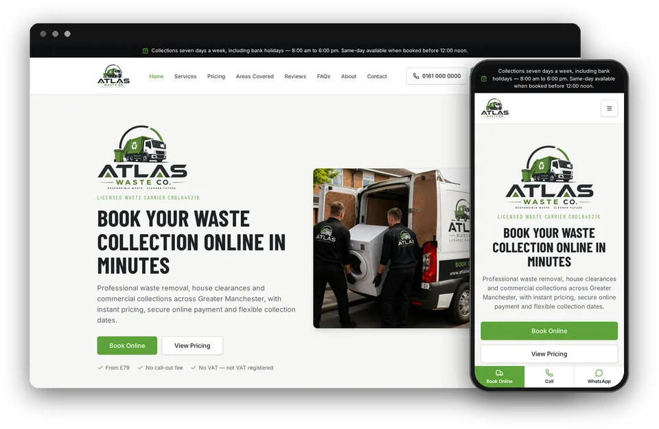 Atlas Waste Co. booking and online payment website on desktop and mobile