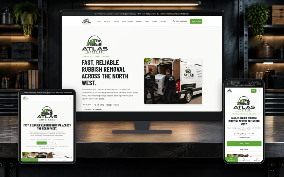 Atlas Waste Co. website shown in a realistic setting