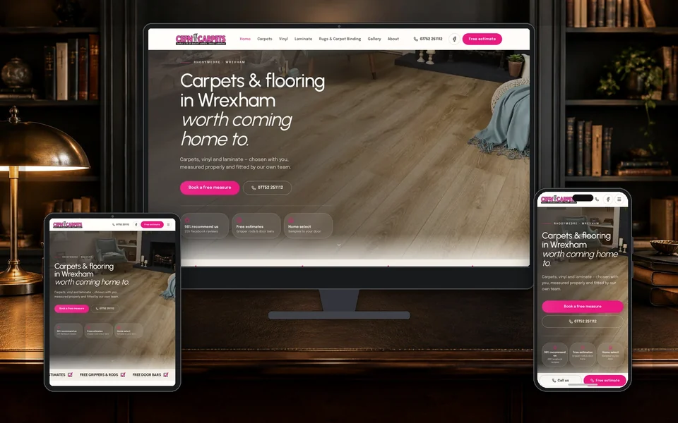 Cefn Carpets website shown in a realistic setting