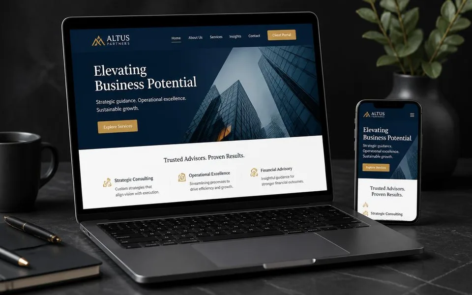 Business website design shown on a laptop and phone on a dark desk