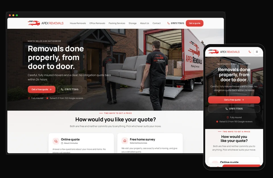 Apex Removals website shown on desktop and mobile