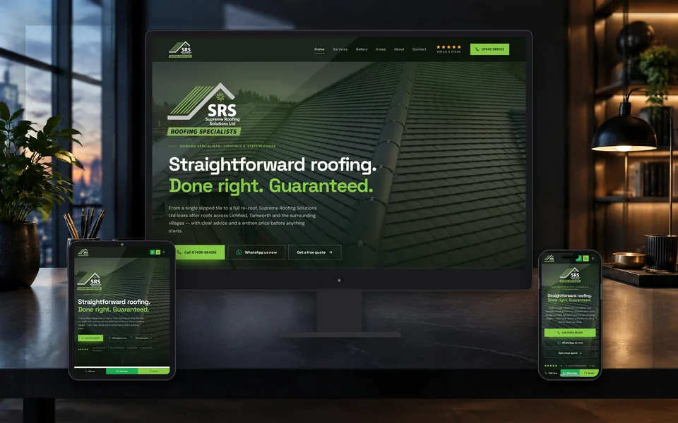 Supreme Roofing Solutions Ltd website shown in a realistic setting