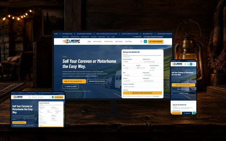 Instant Caravan Sale website shown in a realistic setting