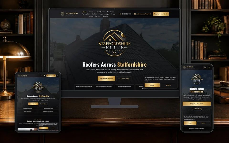 Staffordshire Elite Roofing website shown in a realistic setting