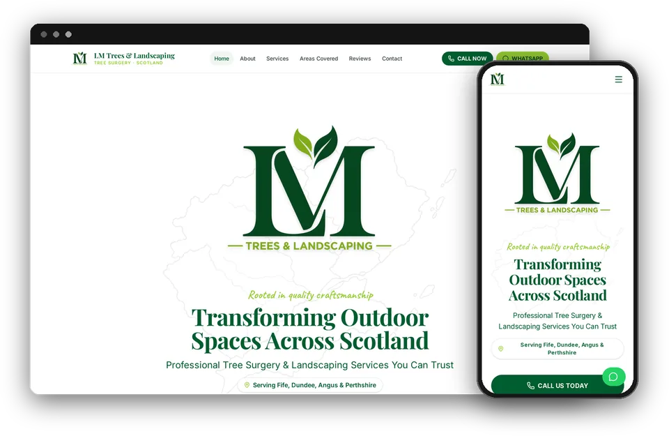 LM Trees & Landscaping website shown on desktop and mobile