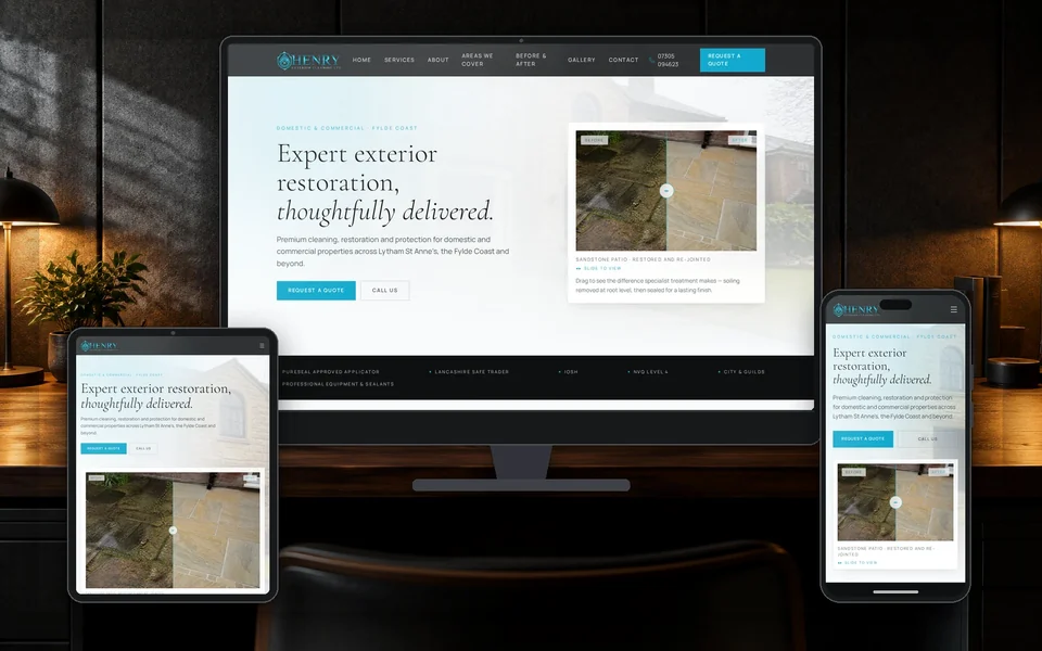Henry Exterior Cleaning website shown in a realistic setting