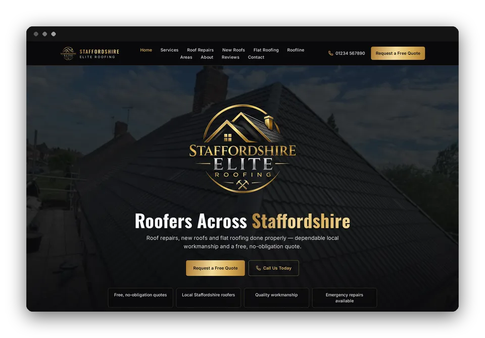 Staffordshire Elite Roofing website homepage shown on a desktop browser