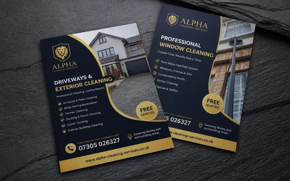 Two printed A5 cleaning company flyers on dark slate