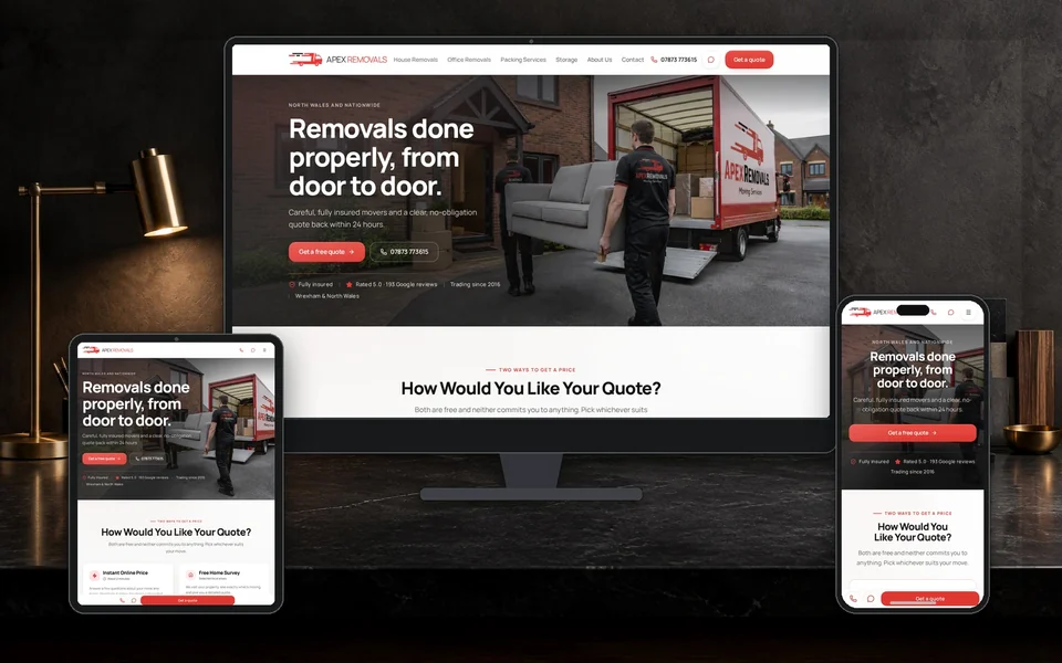 Apex Removals website shown in a realistic setting