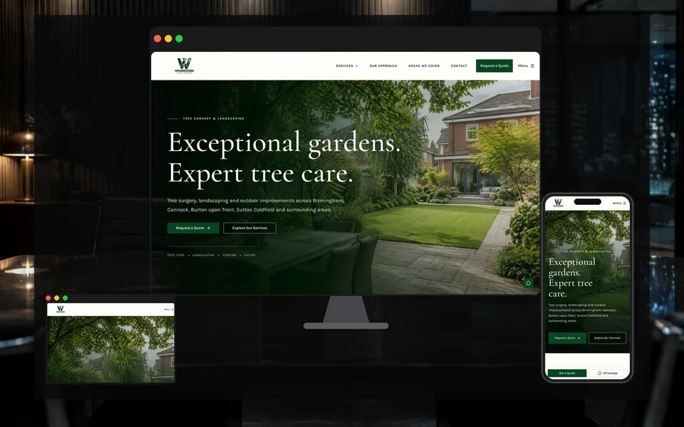 Woodpeckers Trees & Landscapes website shown in a realistic setting
