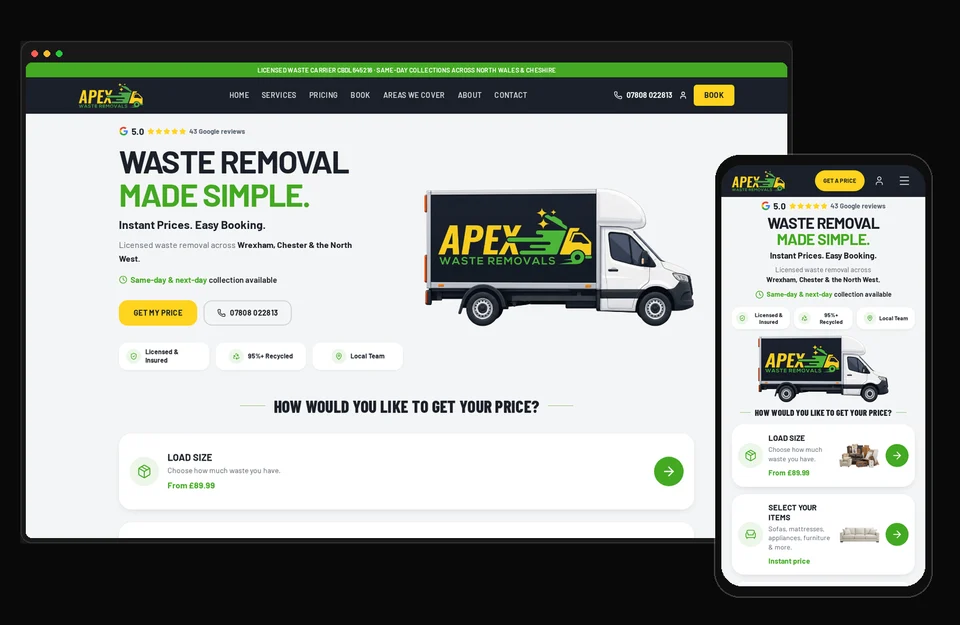 Apex Waste Removals website shown on desktop and mobile