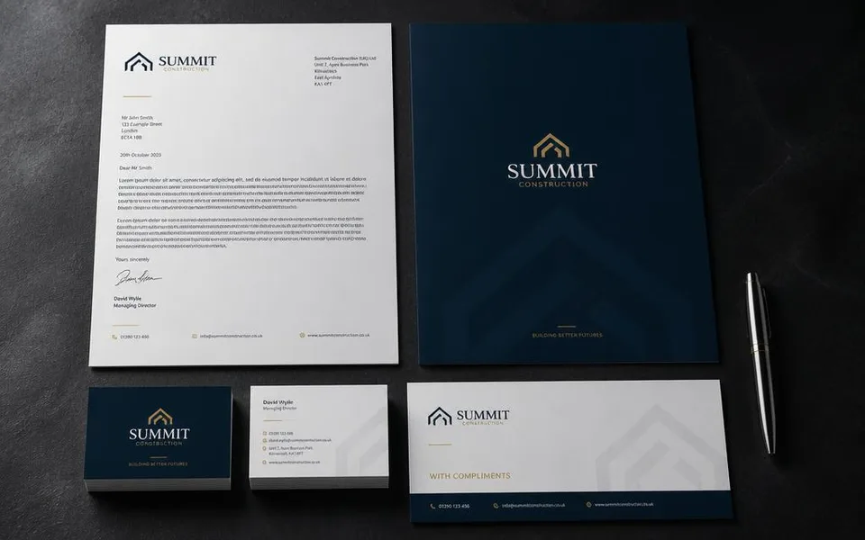 Full brand stationery set for a construction company laid out on slate