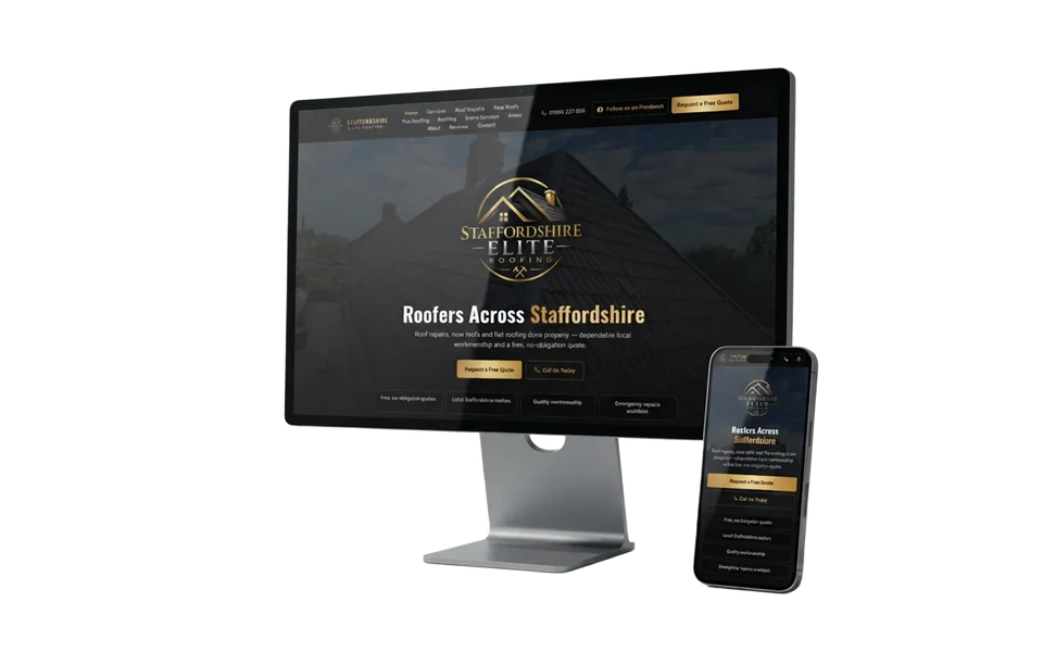 Staffordshire Elite Roofing website shown in a realistic setting