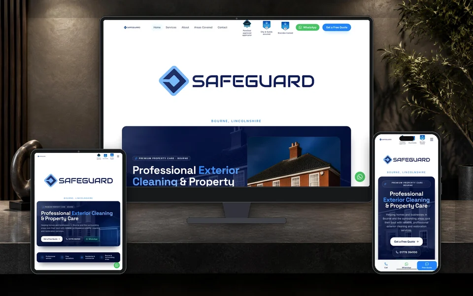 Safeguard Exterior Cleaning website shown in a realistic setting