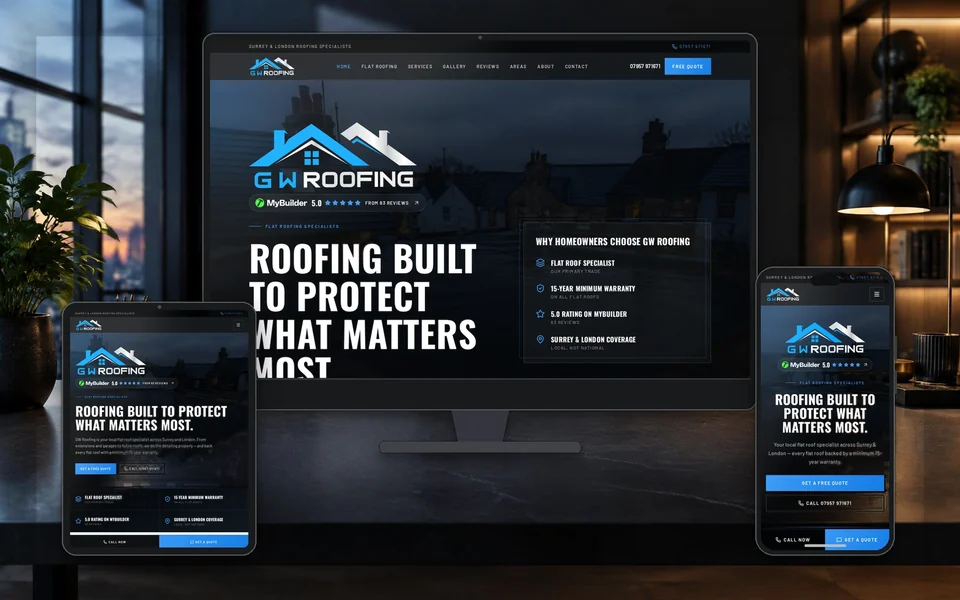 GW Roofing website shown in a realistic setting
