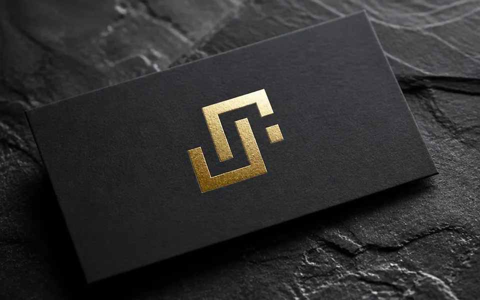 Gold foil logo mark printed on a matte black business card