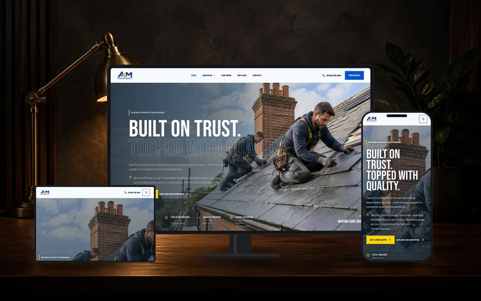 AM Roofing & Property website shown in a realistic setting