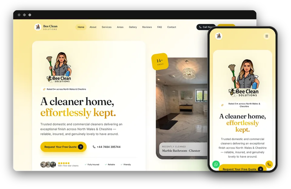 Bee Clean Solutions website shown on desktop and mobile