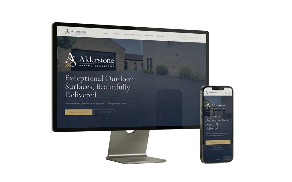Alderstone Paving Solutions website shown in a realistic setting