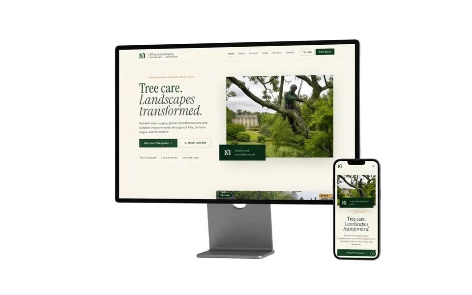 LM Trees & Landscaping website shown in a realistic setting