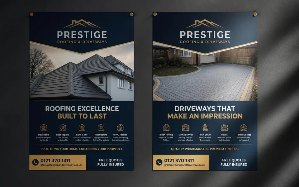 Printed roofing and driveways advertising posters on a dark wall