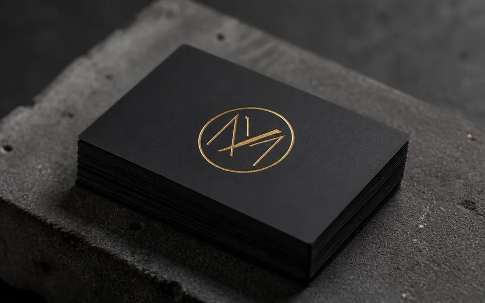 Stack of matte black business cards with a gold foil emblem on concrete