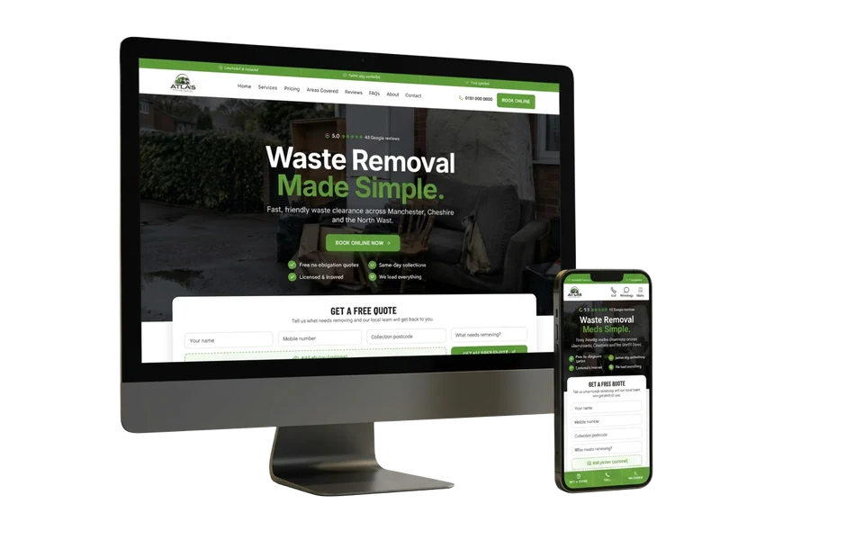 Atlas Waste Co. website shown in a realistic setting