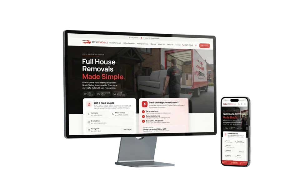 Apex Removals website shown in a realistic setting