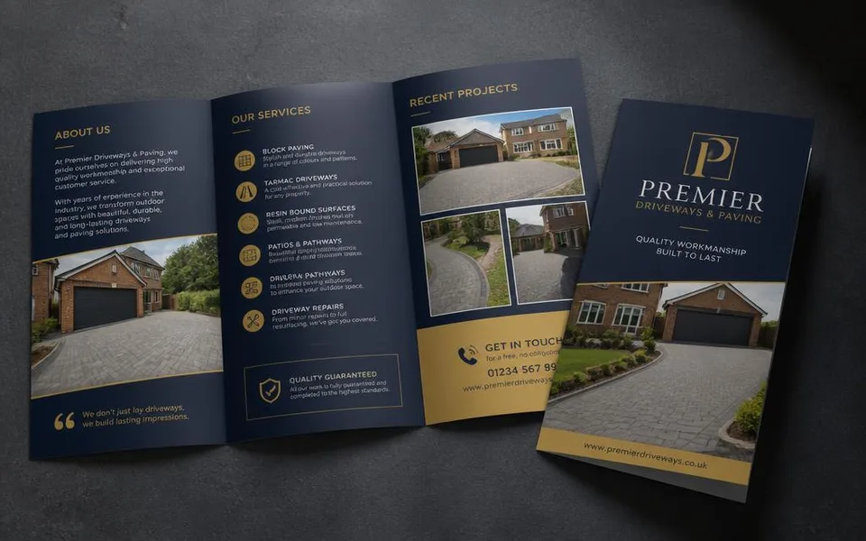 Open driveways company brochure spread with photography and services
