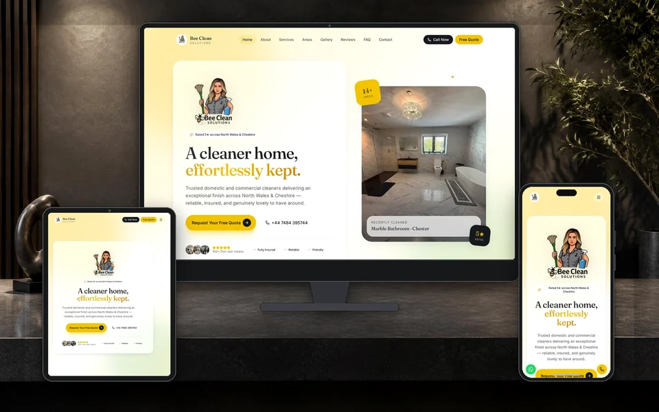 Bee Clean Solutions website shown in a realistic setting