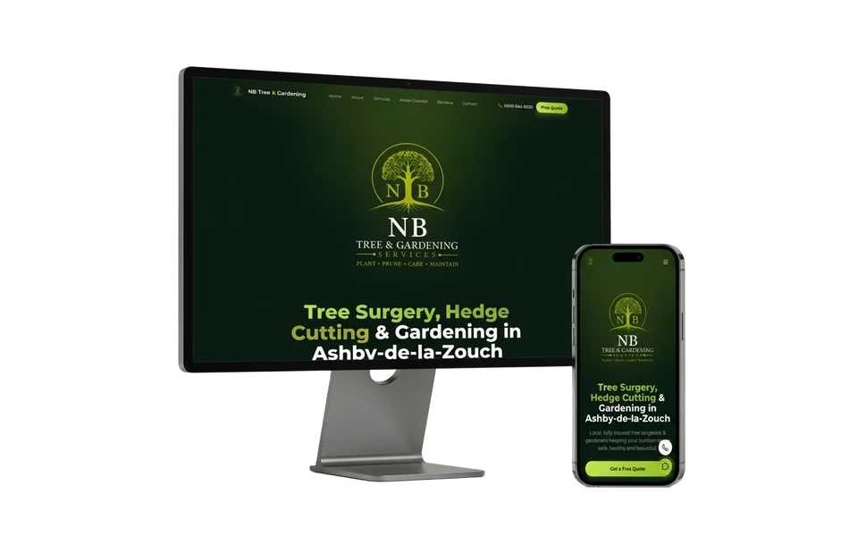 NB Tree & Gardens website shown in a realistic setting