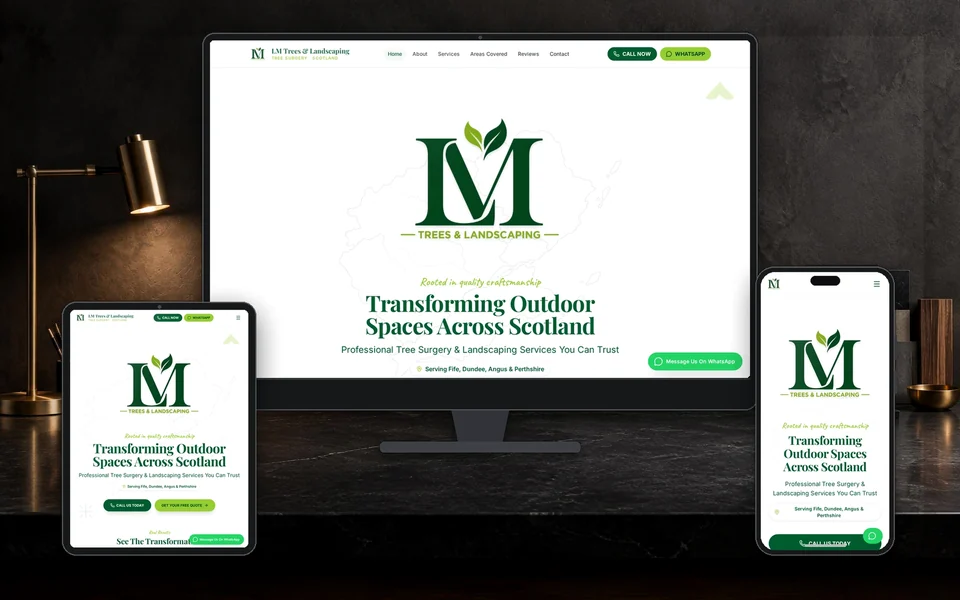 LM Trees & Landscaping website shown in a realistic setting